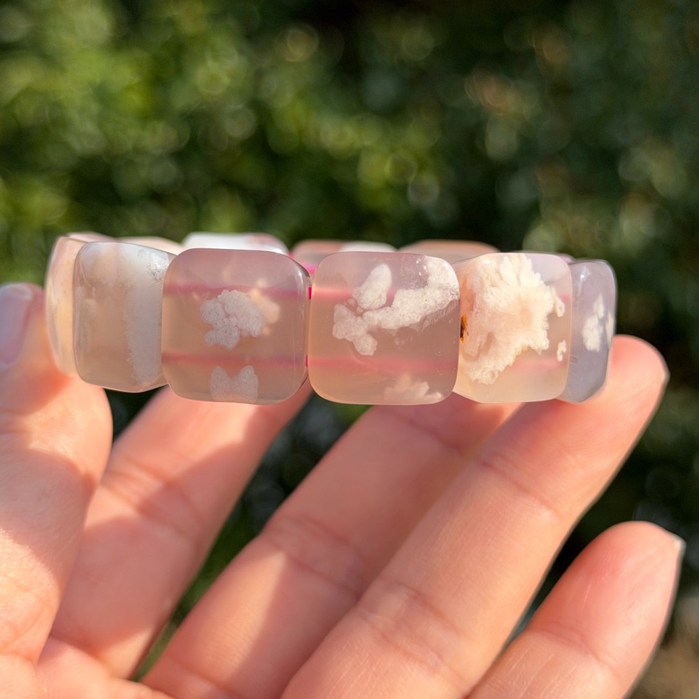 Stretchable high quality pink flower agate soft bangle 1136